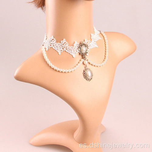Gargantilla de encaje blanco con borla perlas joyería nupcial